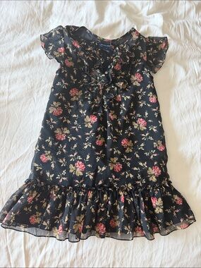 Ralph Lauren Black Floral Ruffle-Trim Dress